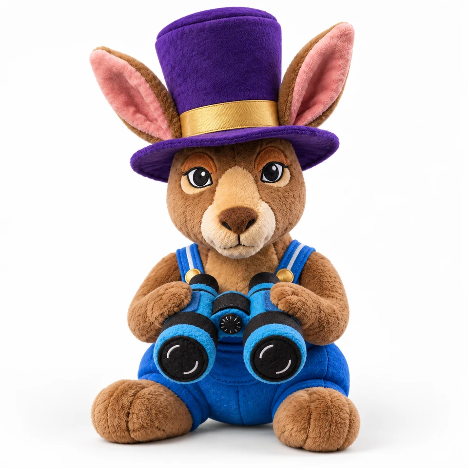 Groomer's Van plush concept with purple hat, blue overalls and binoculars